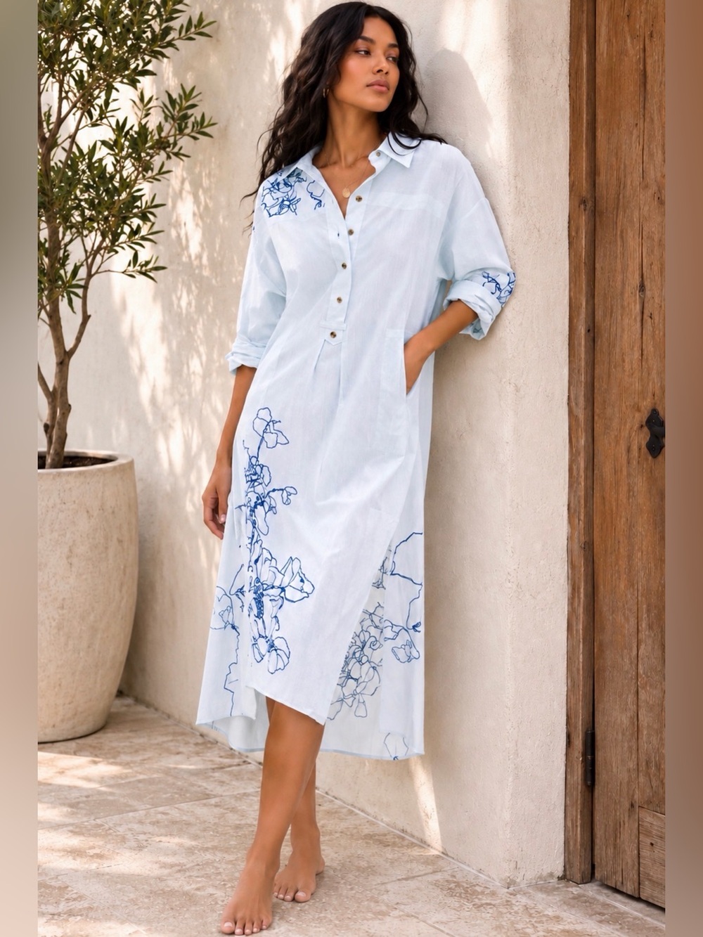 Anthropologie Floral Popover Shirt Dress Blue and White Stripes - NWT - S/M